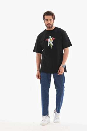 AKNButik Unisex Bisiklet Yaka Baskılı Oversize T-Shirt - Siyah