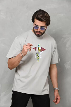 AKNButik Unisex Bisiklet Yaka Baskılı Oversize T-Shirt - Gri