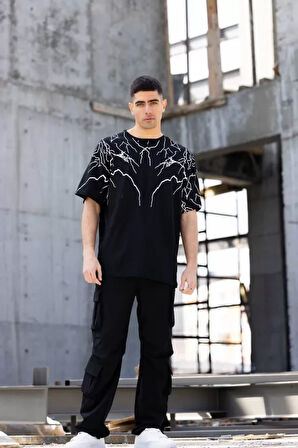 AKNButik Unisex Bisiklet Yaka Baskılı Oversize T-Shirt - Siyah