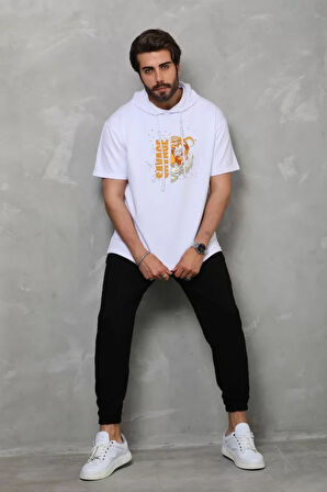 AKNButik Unisex Kapşonlu Kısa Kol Oversize Baskılı T-Shirt - Beyaz