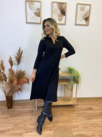 AKNButik Kadın Uzun Kollu Yakalı Midi Viskon Iki Iplik Elbise