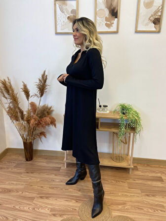 AKNButik Kadın Uzun Kollu Yakalı Midi Viskon Iki Iplik Elbise