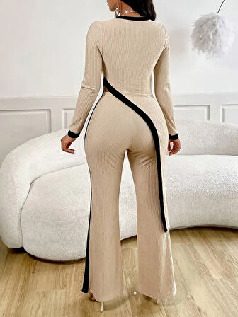AKNButik Kadın Uzun Kollu Bisiklet Yaka Asimetrik Kesim Bluz şardonlu Kaşkorse Bluz Ve Pantolon Ikili Takım