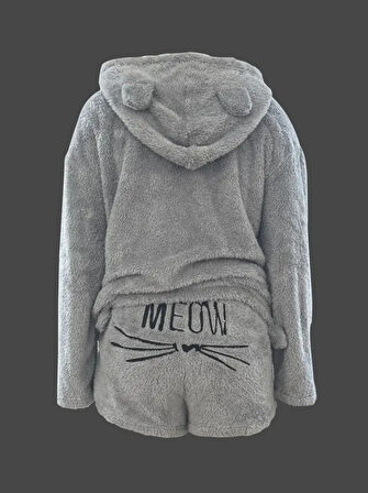 AKNButik Kadın Uzun Kollu Meow Kedi Nakışlı Kapşonlu Peluş Sweat Ve Short Ikili Takım