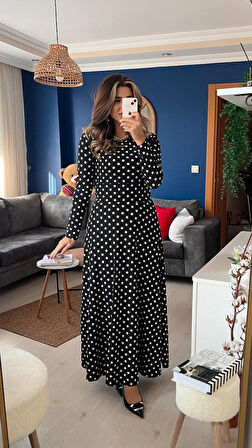 AKNButik Kadın Krep Kumaş Uzun Kollu Tam Boy Puantiyeli Elbise 132 Cm