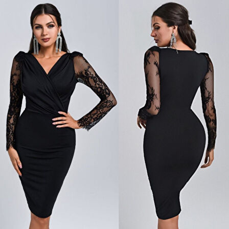 AKNButik Kadın Uzun Kollu Kruvaze Yaka Kollar Tül Detay Krep Mini Boy Elbise