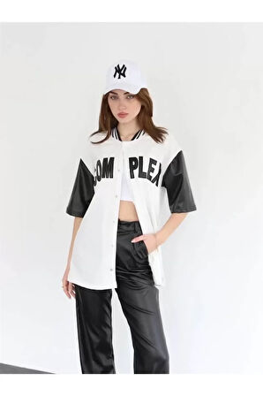 AKNButik Complex Kolları Deri Kolej Oversize T-shirt - Beyaz
