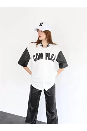 AKNButik Complex Kolları Deri Kolej Oversize T-shirt - Beyaz