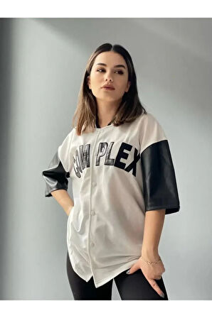 AKNButik Complex Kolları Deri Kolej Oversize T-shirt - Beyaz