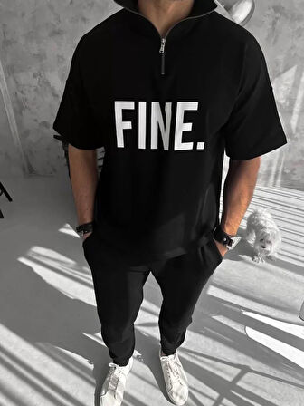 AKNButik Unisex Baskılı Yarım Fermuarlı T-Shirt - Siyah