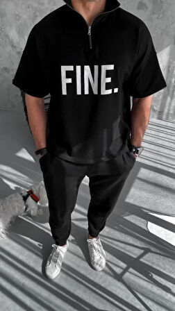 AKNButik Unisex Baskılı Yarım Fermuarlı T-Shirt - Siyah