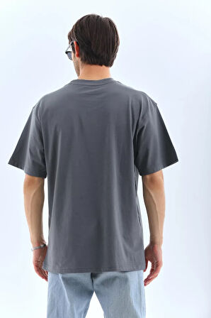 AKNButik Unisex Oversize Taşlı Bisiklet Yaka T-Shirt - Füme