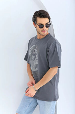 AKNButik Unisex Oversize Taşlı Bisiklet Yaka T-Shirt - Füme