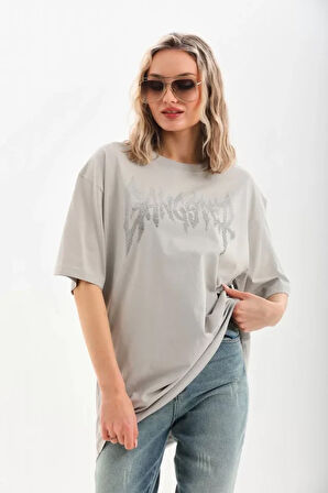 AKNButik Unisex Taş Desenli Oversize T-Shirt - Gri