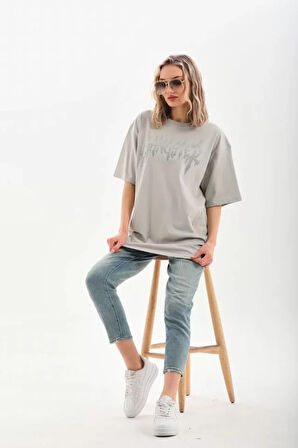 AKNButik Unisex Taş Desenli Oversize T-Shirt - Gri