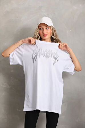 AKNButik Unisex Taş Desenli Oversize T-Shirt - Beyaz