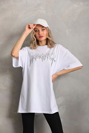 AKNButik Unisex Taş Desenli Oversize T-Shirt - Beyaz