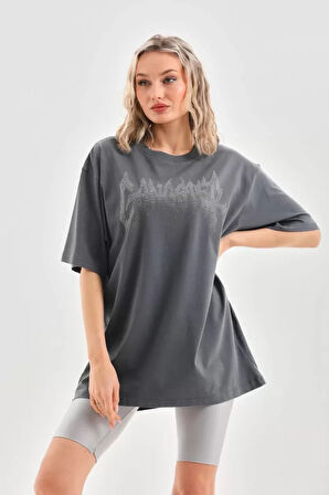 AKNButik Unisex Taş Desenli Oversize T-Shirt - Füme