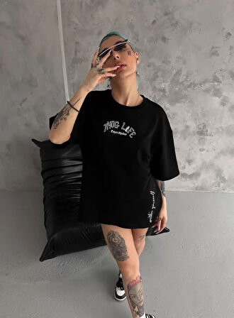 AKNButik Unisex Baskılı Oversize T-Shirt - Siyah