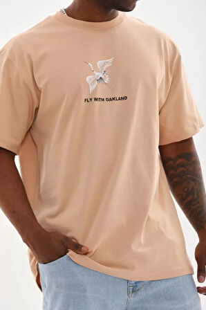 AKNButik Unisex Baskılı Oversize T-Shirt - Bej
