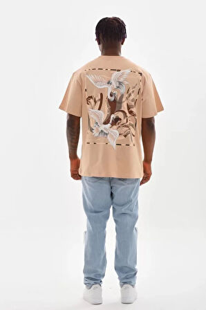 AKNButik Unisex Baskılı Oversize T-Shirt - Bej