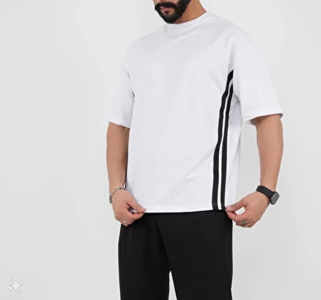 AKNButik Unisex Oversize Yanları Şeritli T-Shirt - Beyaz