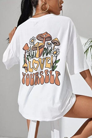 AKNButik Unisex Baskılı Oversize T-Shirt - Beyaz