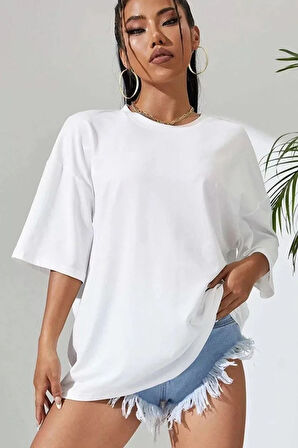 AKNButik Unisex Baskılı Oversize T-Shirt - Beyaz