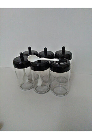 Baharat Takımı Cam Kendinden Kaşıklı 6'lı Siyah Kapaklı