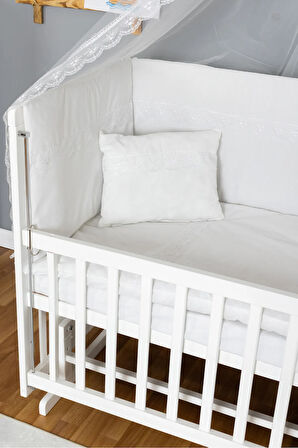 Ahşap Beşik Anne Yanı Beşik Beyaz 60x120 - Beyaz Güpür Uyku Seti + Yataklı