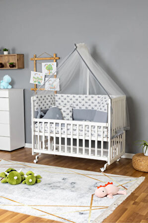 Ahşap Beşik Anne Yanı Beşik Beyaz 60x120 - Gri Balina Uyku Seti + Yataklı + Tekerlekli