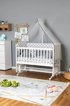 Ahşap Beşik Anne Yanı Beşik Beyaz 60x120 - Gri Balina Uyku Seti + Yataklı + Tekerlekli
