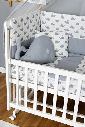Ahşap Beşik Anne Yanı Beşik Beyaz 60x120 - Gri Balina Uyku Seti + Yataklı + Tekerlekli
