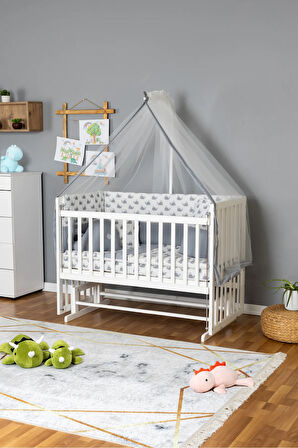 Ahşap Beşik Anne Yanı Beşik Beyaz 60x120 - Gri Balina Uyku Seti + Yataklı