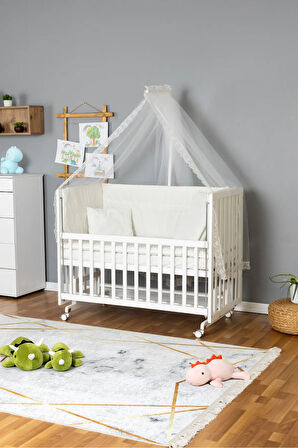 Ahşap Beşik Anne Yanı Beşik Beyaz 60x120 - Krem Güpür Uyku Seti + Yataklı + Tekerlekli