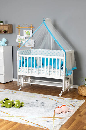 Ahşap Beşik Anne Yanı Beşik Beyaz 60x120 - Mavi Balina Uyku Seti + Yataklı + Tekerlekli