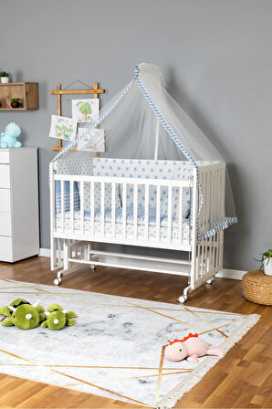 Ahşap Beşik Anne Yanı Beşik Beyaz 60x120 - Mavi Yıldız 1 Yastıklı Uyku Seti + Yataklı + Tekerlekli