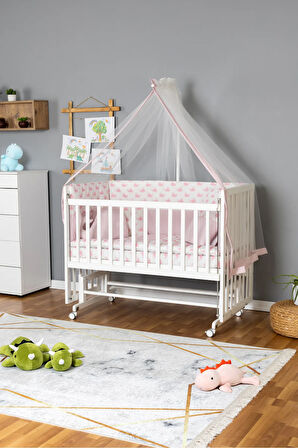 Ahşap Beşik Anne Yanı Beşik Beyaz 60x120 - Pembe Balina Uyku Seti + Yataklı + Tekerlekli