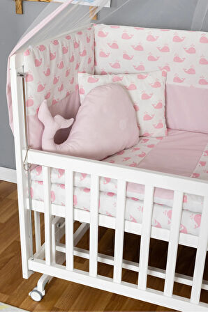 Ahşap Beşik Anne Yanı Beşik Beyaz 60x120 - Pembe Balina Uyku Seti + Yataklı + Tekerlekli