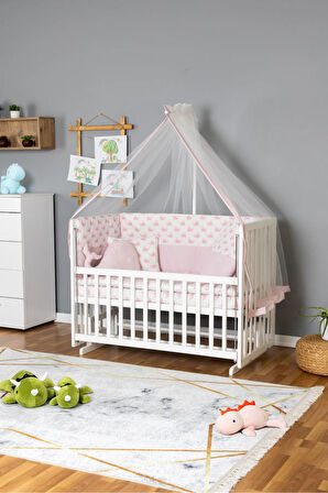 Ahşap Beşik Anne Yanı Beşik Beyaz 60x120 - Pembe Balina Uyku Seti + Yataklı