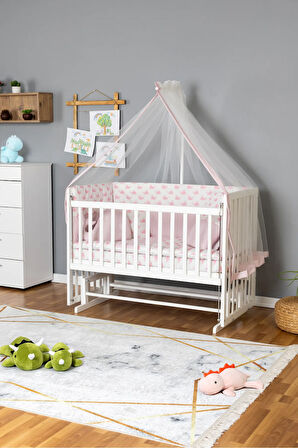 Ahşap Beşik Anne Yanı Beşik Beyaz 60x120 - Pembe Balina Uyku Seti + Yataklı