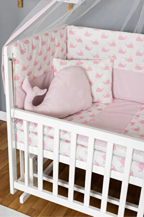 Ahşap Beşik Anne Yanı Beşik Beyaz 60x120 - Pembe Balina Uyku Seti + Yataklı