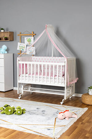 Ahşap Beşik Anne Yanı Beşik Beyaz 60x120 - Pembe Yıldız 1 Yastıklı Uyku Seti + Yataklı + Tekerlekli