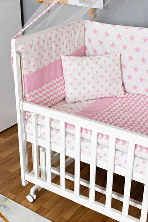 Ahşap Beşik Anne Yanı Beşik Beyaz 60x120 - Pembe Yıldız 1 Yastıklı Uyku Seti + Yataklı + Tekerlekli