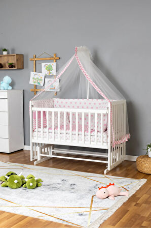 Ahşap Beşik Anne Yanı Beşik Beyaz 60x120 - Pembe Yıldız 1 Yastıklı Uyku Seti + Yataklı