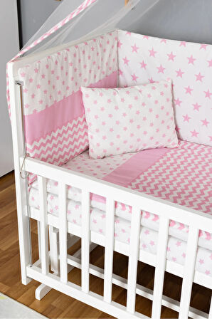 Ahşap Beşik Anne Yanı Beşik Beyaz 60x120 - Pembe Yıldız 1 Yastıklı Uyku Seti + Yataklı