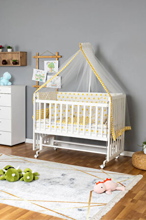 Ahşap Beşik Anne Yanı Beşik Beyaz 60x120 - Sarı Yıldız 1 Yastıklı Uyku Seti + Yataklı + Tekerlekli