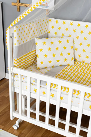 Ahşap Beşik Anne Yanı Beşik Beyaz 60x120 - Sarı Yıldız 1 Yastıklı Uyku Seti + Yataklı + Tekerlekli