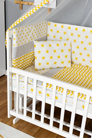 Ahşap Beşik Anne Yanı Beşik Beyaz 60x120 - Sarı Yıldız 1 Yastıklı Uyku Seti + Yataklı