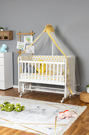 Ahşap Beşik Anne Yanı Beşik Beyaz 60x120 - Sarı Yıldız 3 Yastıklı Uyku Seti + Yataklı + Tekerlekli